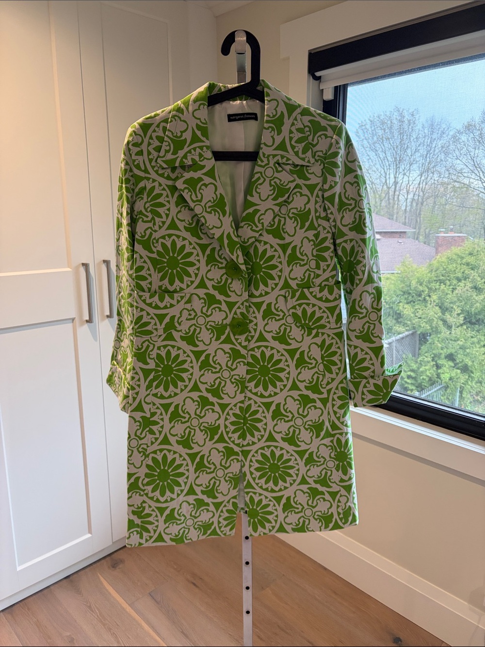 Women's Green & White Printed Trench Coat - Designer Label